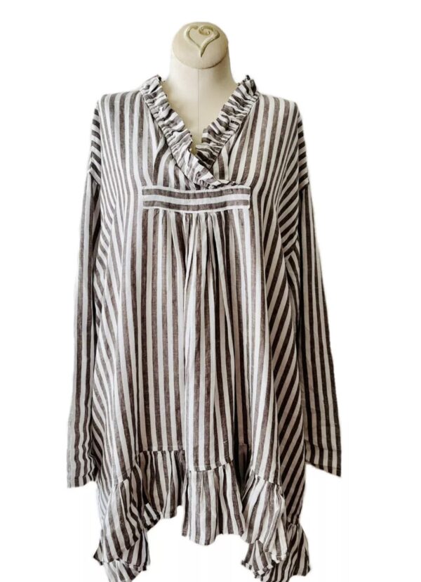 Jewel Toffier Striped Ruffle Oversized Tunic/Blouse OS